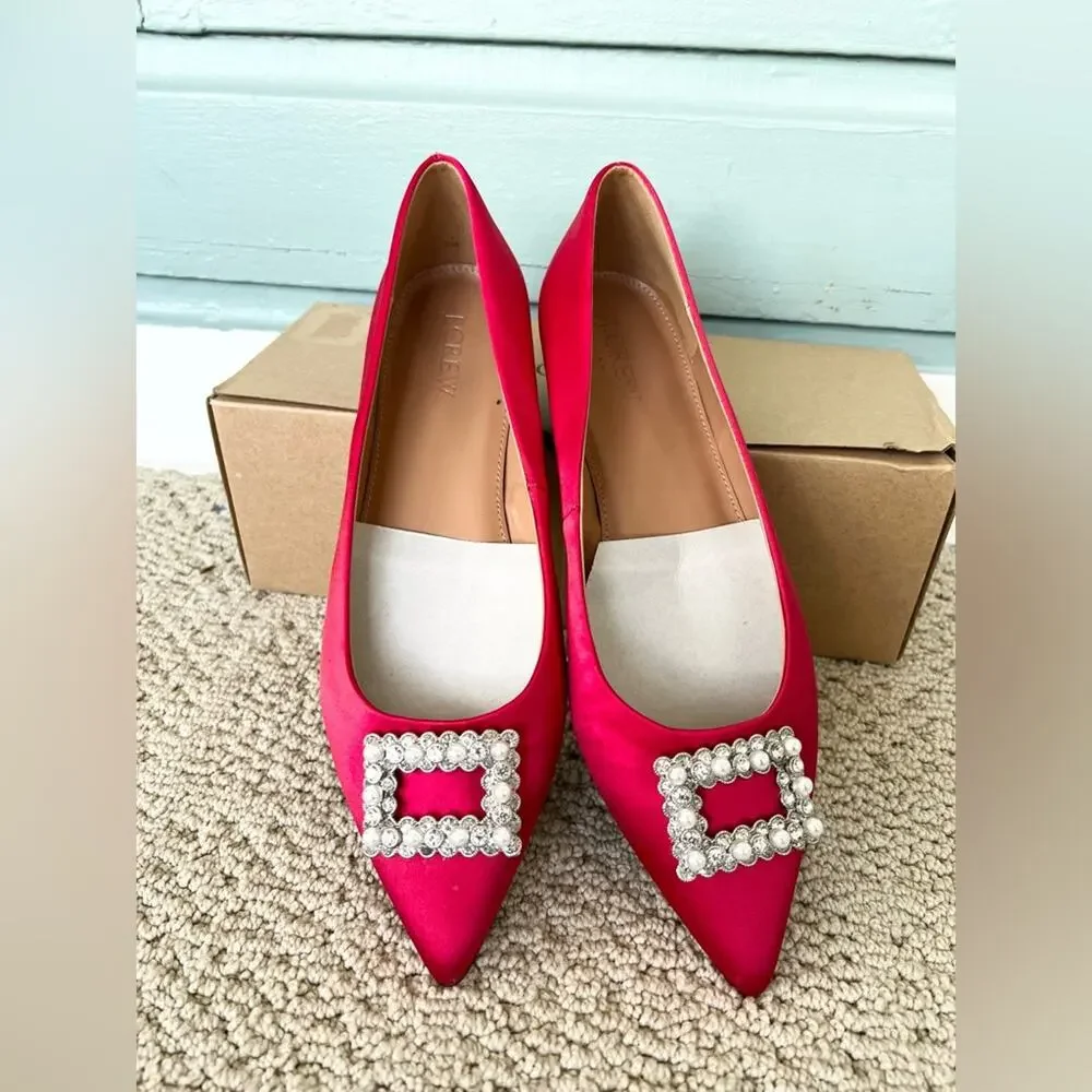 J crew new with box crystal embellished red satin point toe flats